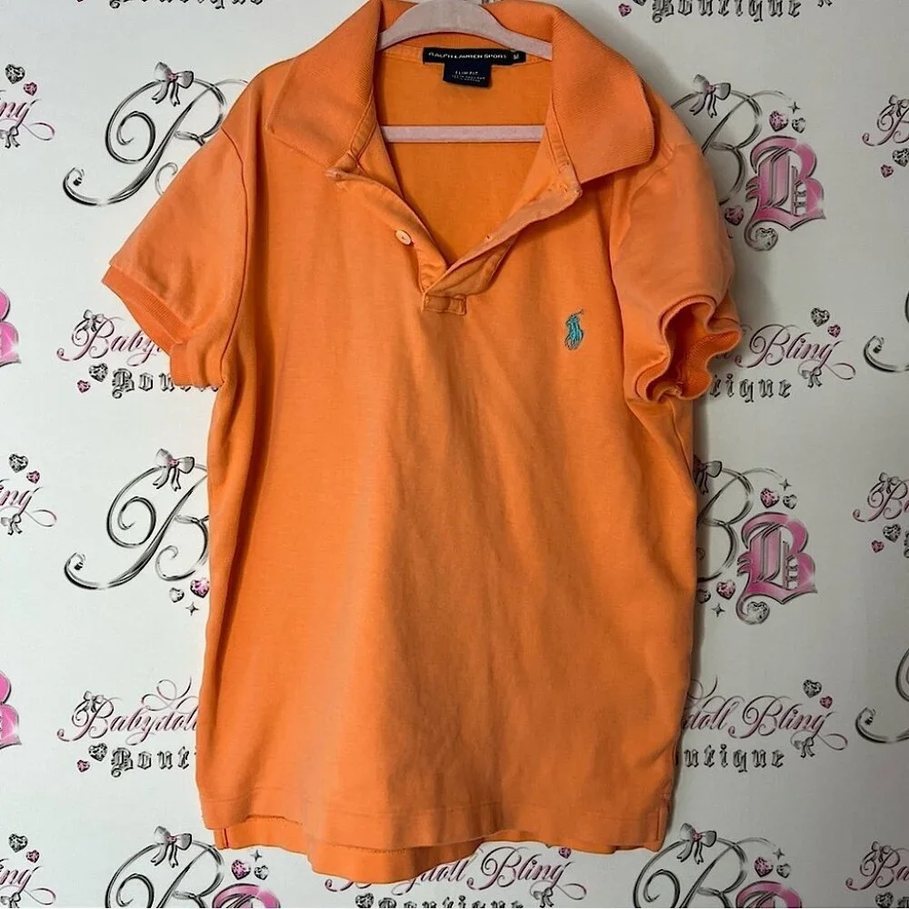 Ralph Lauren sport Orange Polo Shirt Classic Style collared logo blue slim fit